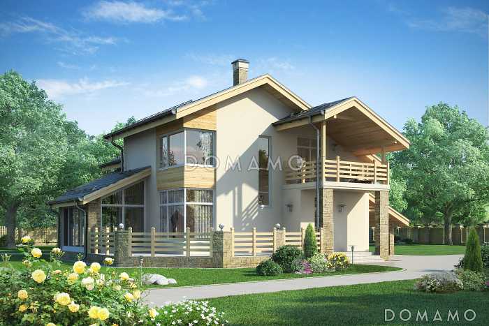 Проект дома с большой открытой террасой, зимним садом, гостиной с камином, кухней с эркером, спальней на первом этаже, вторым светом, балконом