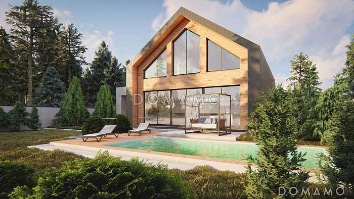 Проект загородного дома с панорамным остеклением, кабинетом, просторной гостиной, гаражом на 2 машины, кладовой на кухне