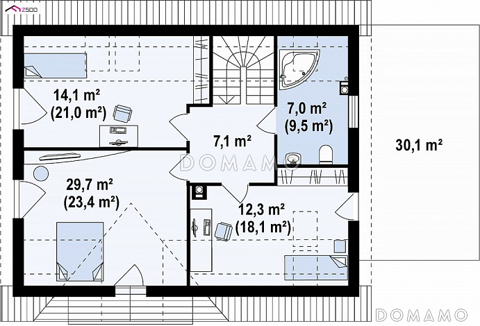 Проект одноэтажного дома с мансардным этажом из газобетона с кабинетом, гаражом и террасой над ним / План мансардного этажа