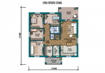 Проект одноэтажного дома с четырьмя спальнями, просторной гостиной-столовой и терасой / План 1 этажа
