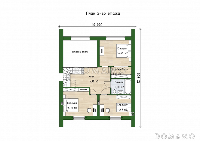 Проект двухэтажного дома в стиле барнхаус с 3 спальнями, большой гостиной и вторым светом / План 2 этажа