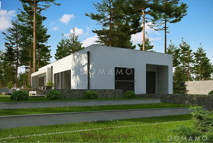 Проект уютного современного одноэтажного дома из кирпича с плоской крышей, с тремя спальнями и гаражом