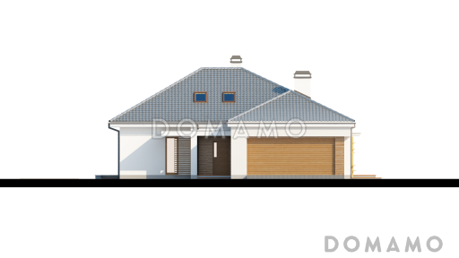 Проект одноэтажного дома из газобетона со свободной планировкой на мансардном этаже и с большим гаражом и техническим помещением / Фасад 2