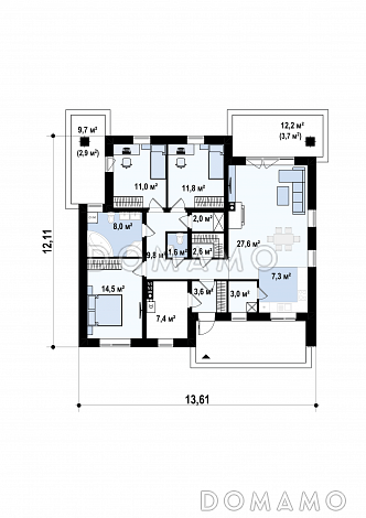Проект одноэтажного дома из газобетона с тремя спальнями и треугольным окном на чердаке с изменениями в планировке / План 1 этажа