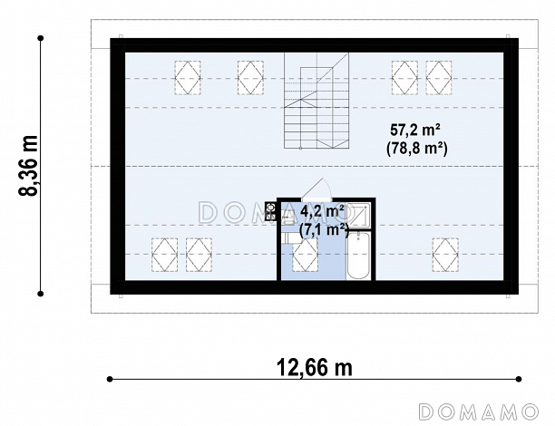 Проект загородного дома с большим чердаком, кладовой на кухне, двумя спальнями / План мансардного этажа