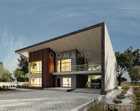 Проект современного дома с навесом на два автомобиля, большой террасой с барбекю, вторым светом, сауной