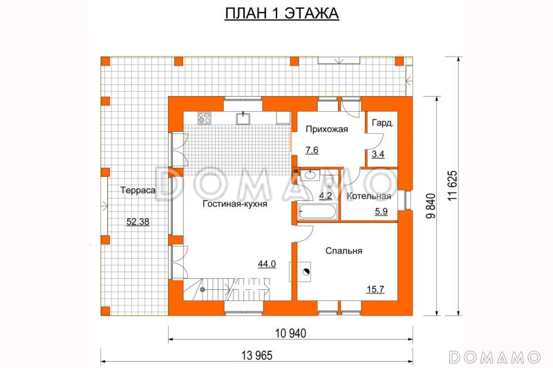 Проект дома с крытой террасой, спальней на первом этаже, балконом, вторым светом / План 1 этажа
