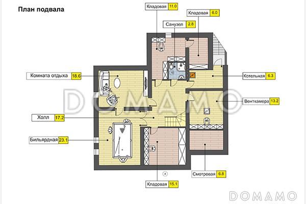 Дом с гаражом на одну машину, спальней на первом этаже, бильярдной в подвале / План цокольного этажа
