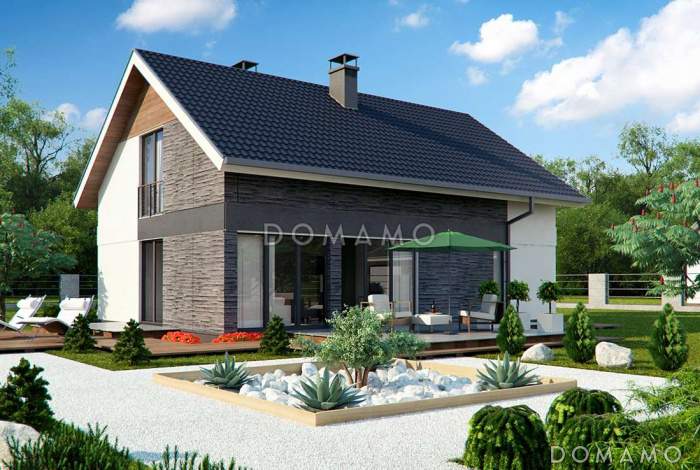 Проект одноэтажного мансардного дома из газобетона с четырьмя спальнями и панорамным остеклением гостиной