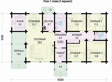 Проект дома из бруса с 4 спальнями, гостиной, столовой и террасой / План 1 этажа