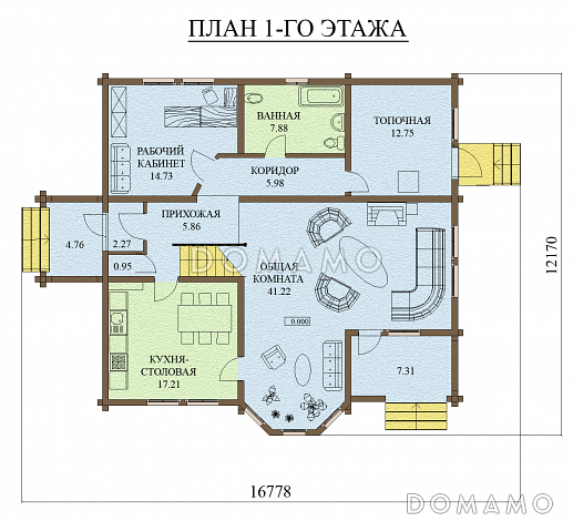 Проект дома из оцилиндрованного бревна с экером и вторым светом / План 1 этажа