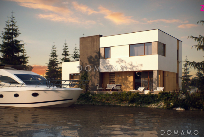 Проект современного двухэтажного дома из кирпича с техническим помещением, гаражом и открытой террасой на втором этаже