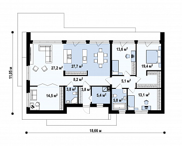 Проект одноэтажного современного дома с тремя спальными комнатами с общим санузлом, кабинетом, просторной дневной зоной / План 1 этажа
