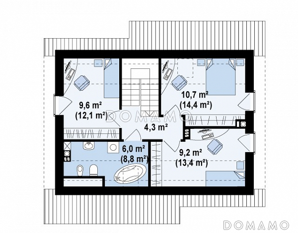 Проект компактного одноэтажного мансардного дома из газобетона с кабинетом и тремя спальнями / План мансардного этажа