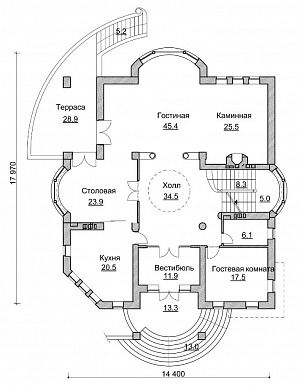 Проект коттеджа в стиле модерн с парадным балконом / План 1 этажа