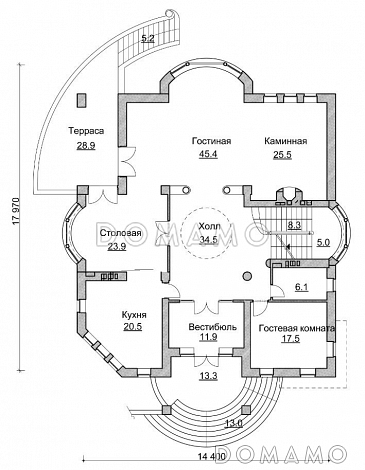 Проект коттеджа в стиле модерн с парадным балконом / План 1 этажа