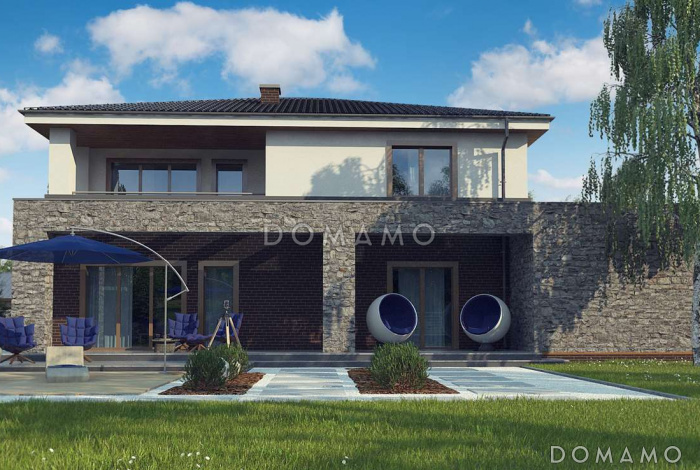 Проект просторного современного двухэтажного дома из газобетона с тремя спальнями, кабинетом, гаражом и сауной