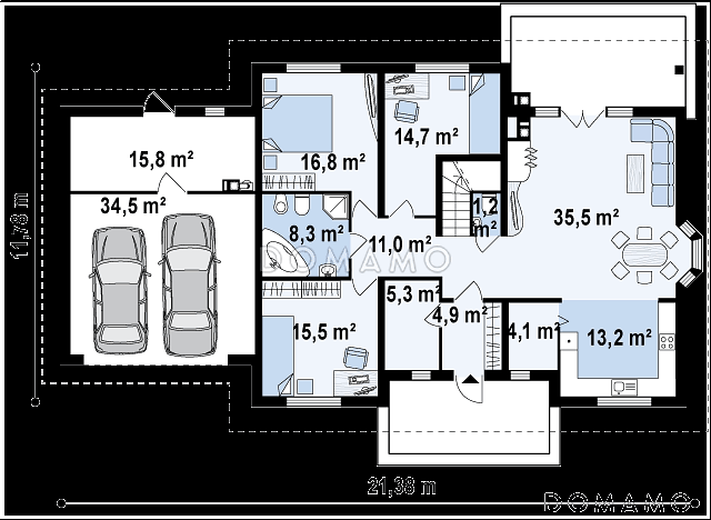 Проект одноэтажного дома из газобетона с мансардой и балконом и гаражом на два автомобиля / План 1 этажа