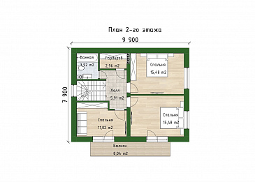 Проект компактного двухэтажного дома с 3 спальнями, гостиной и балконом / План 2 этажа
