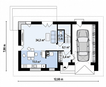 Проект загородного дома с мансардой, гаражом, санузлом на первом этаже, просторной дневной зоной / План 1 этажа