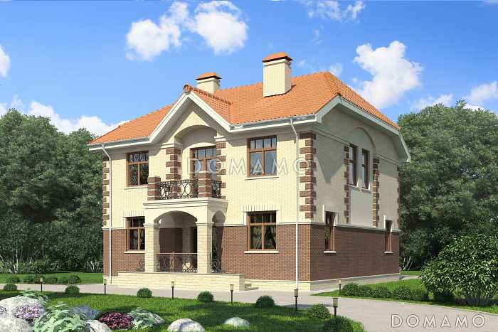 Двухэтажный дом с открытой большой террасой, тремя балконами, эркером