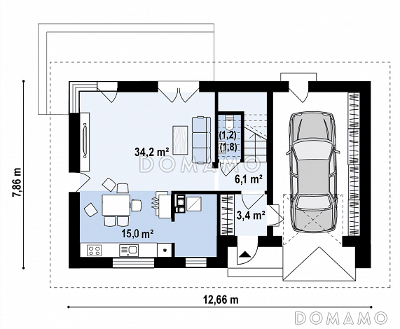 Проект загородного дома с мансардой, гаражом, санузлом на первом этаже, просторной дневной зоной / План 1 этажа