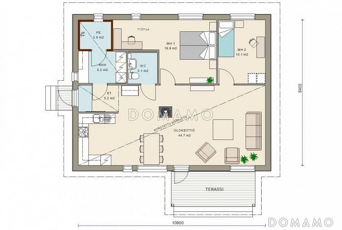 Проект компактного одноэтажного каркасного дома с двумя спальнями / План 1 этажа