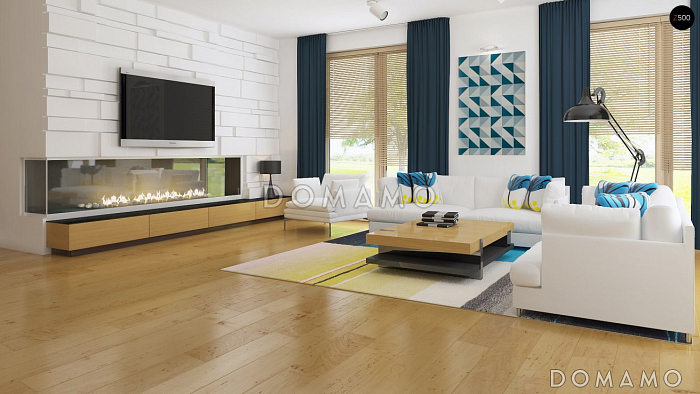 Проект современного одноэтажного дома с плоской крышей из газобетона с тремя спальнями и панорамным остеклением гостиной 