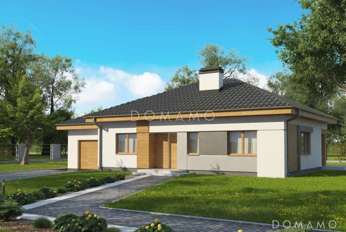 Проект одноэтажного дома из кирпича с тремя спальнями и небольшой крытой угловой террасой, увеличенная версия 273 с гаражом