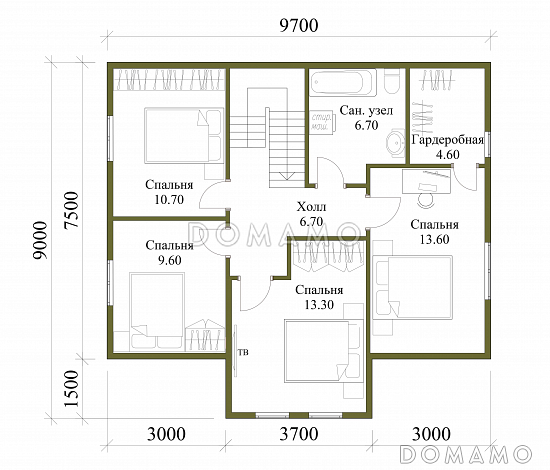 Проект каркасного дома с мансардой, 5 спальнями, гостиной-столовой и крытой террасой / План мансардного этажа