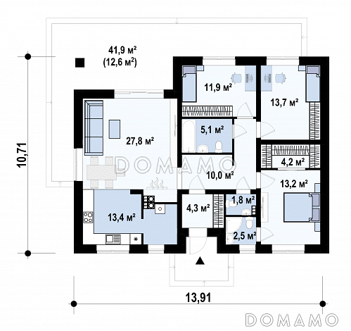 Проект одноэтажного дома с функциональной планировкой, светлыми помещениями, хозяйской спальней, гостиной с камином / План 1 этажа