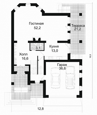 Проект коттеджа с спортзалом и гаражом на две машины / План 1 этажа