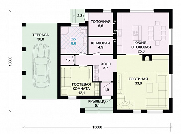 Проект дома в стиле фахверк с двусветной гостиной и навесом для машины / План 1 этажа