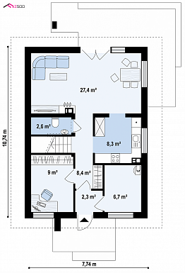Проект одноэтажного мансардного дома из газобетона с кабинетом и балконом / План 1 этажа
