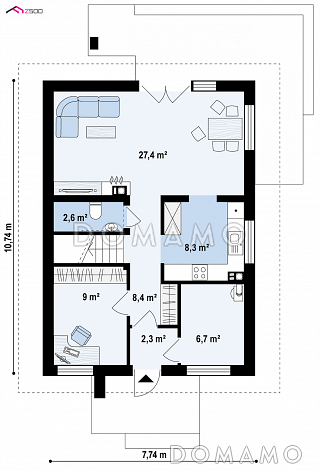 Проект одноэтажного мансардного дома из газобетона с кабинетом и балконом / План 1 этажа