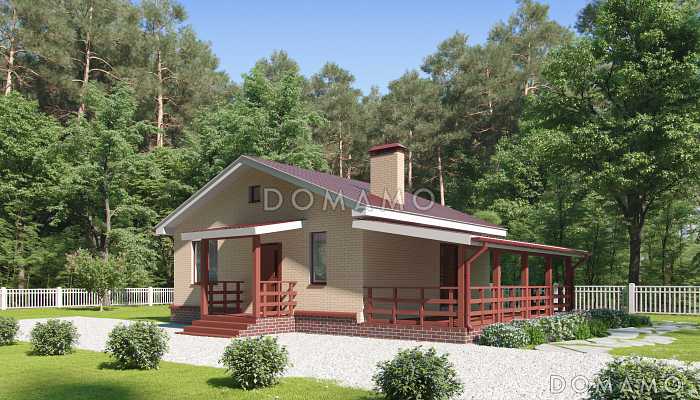 Проект дома с террасой, кухней-столовой, двумя небольшими спальнями и кладовой