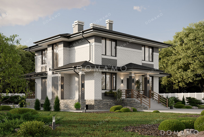 Проект большого двухэтажного дома в стиле Райт с подвалом, большой крытой террасой и балконом на втором этаже