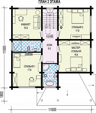 Проект дома из бруса с угловой террасой, вместительной гардеробной и кабинетом / План 2 этажа