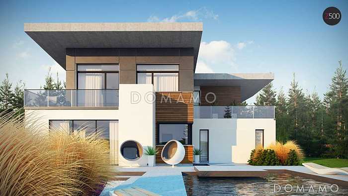 Проект просторного современного двухэтажного дома из газобетона с плоской крышей,  с четырьмя спальнями, гаражом и террасами на обоих этажах