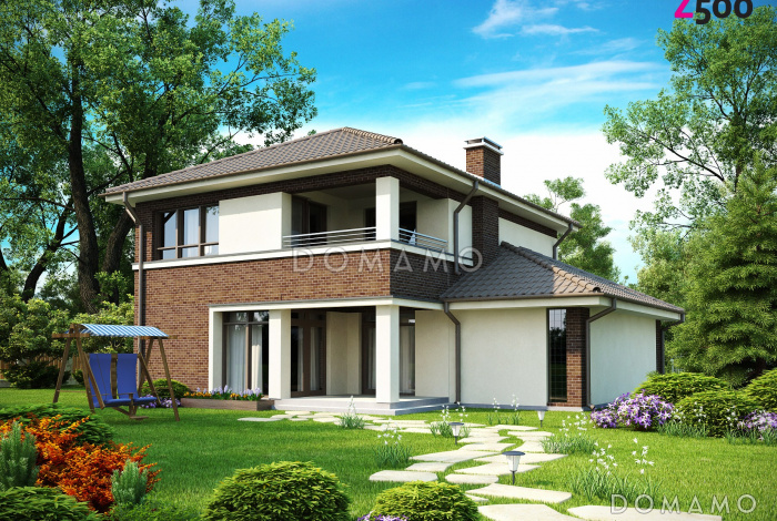 Проект современного каркасного двухэтажного дома с четырьмя спальнями, кабинетом и пристроенным гаражом