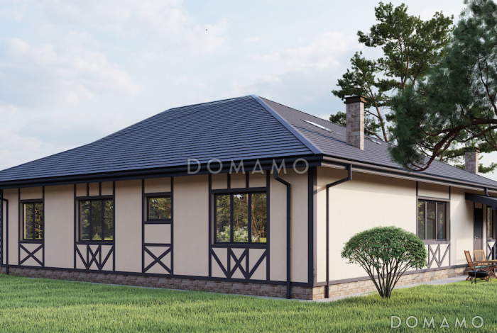 Проект одноэтажного дома с 3 спальнями, кабинетом и антресолью на чердаке