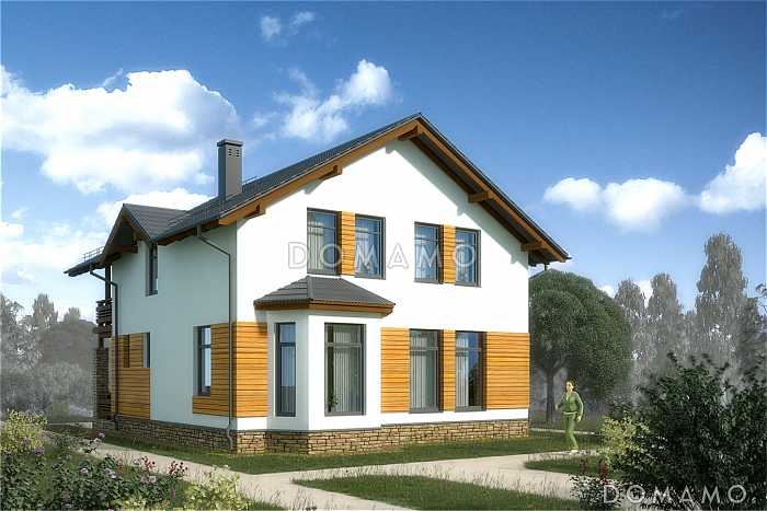 Проект белого дома с эркером кухни и серой кровлей