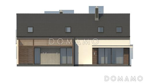 Проект современного одноэтажного мансардного дома из кирпича с общим входом для двух семей / Фасад 1