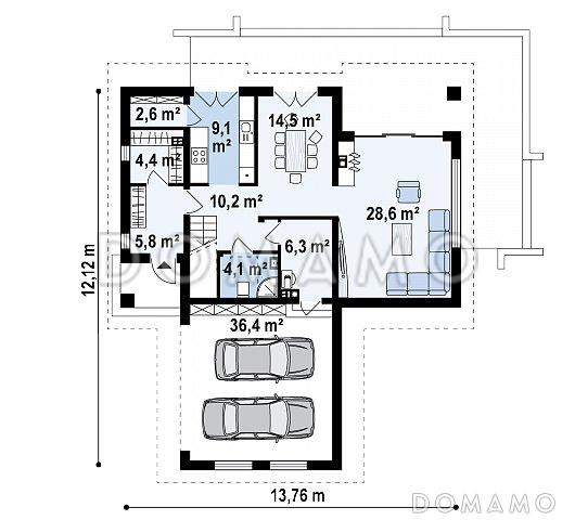 Проект комфортного одноэтажного мансардного дома из кирпича с гаражом для двух автомобилей / План 1 этажа