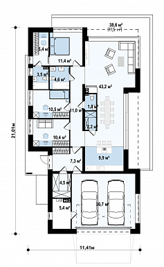 Проект кирпичного одноэтажного дома с плоской кровлей и гаражом на две машины / План 1 этажа
