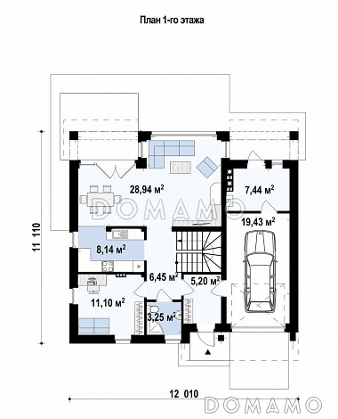 Проект одноэтажного мансардного коттеджа из кирпича с большой площадью остекления в гостиной, кабинетом и гаражом, для сейсмических районов  / План 1 этажа