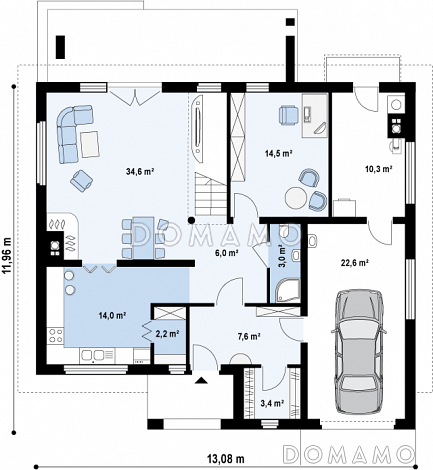 Проект просторного современного двухэтажного дома из газобетона, с пятью комнатами, гаражом и балконом / План 1 этажа