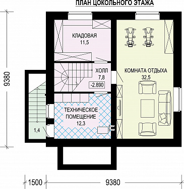 Проект загородного дома с шатровой крышей и цокольным этажом / План цокольного этажа
