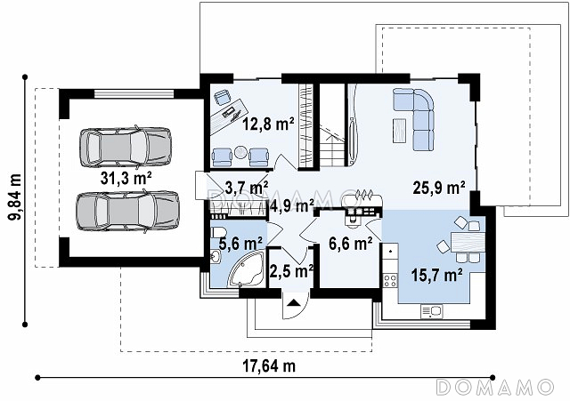 Проект двухэтажного дома из кирпича в стиле модерн, с четырьмя спальнями, кабинетом и гаражом / План 1 этажа
