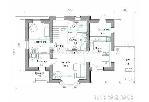Проект полутораэтажного коттеджа с яркой облицовкой и открытой террасой / Фасад 5